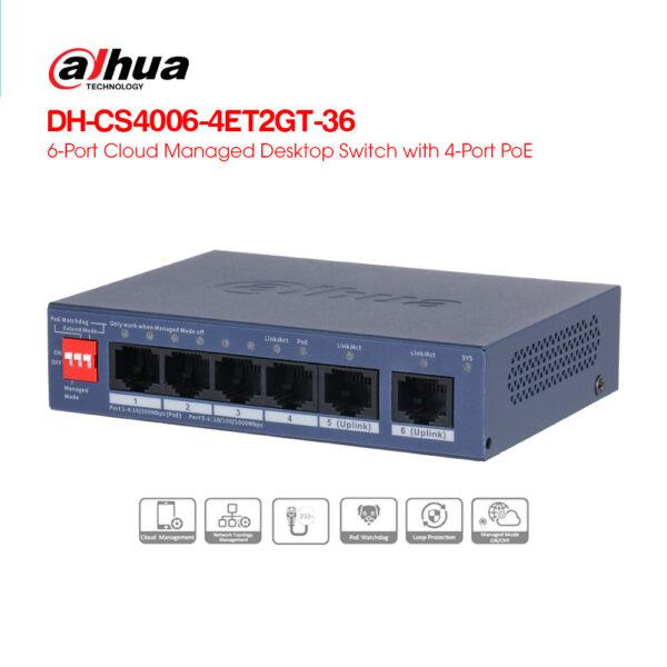 DAHUACS4006-4ET2GT-36 6-Port Cloud Managed Desktop Switch with 4-Port PoE (4X RJ-45 10/100 Mbps PoE ports), 2 x 10/100/1000 Mbps (uplink), 36W. image 2