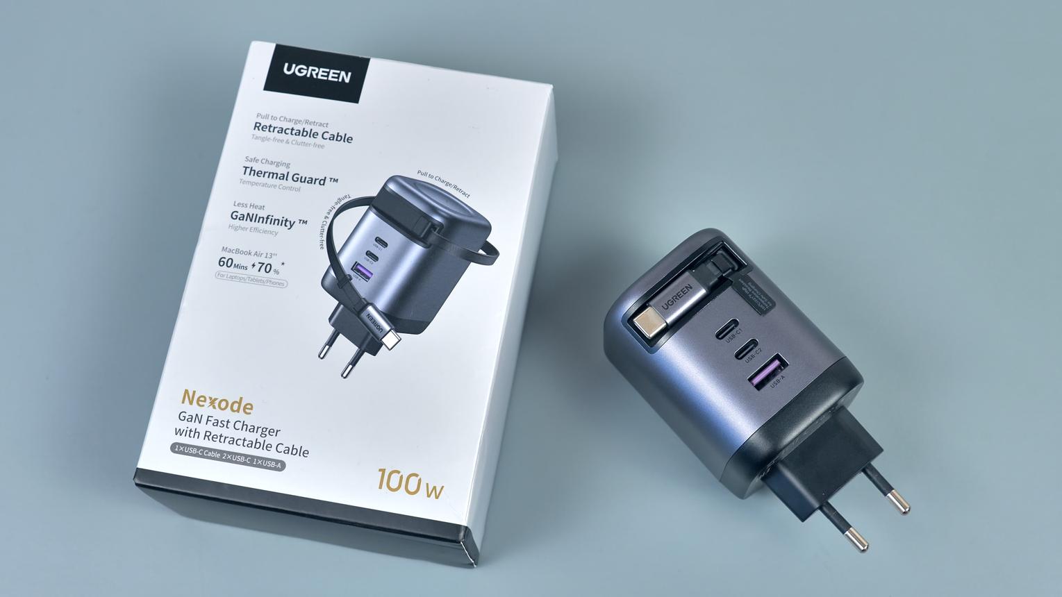 UGREEN X616 100W GaN Fast Charger UK with 1 × USB‑C with built‑in retractable cable/2*USB C & 1* USB A image 3