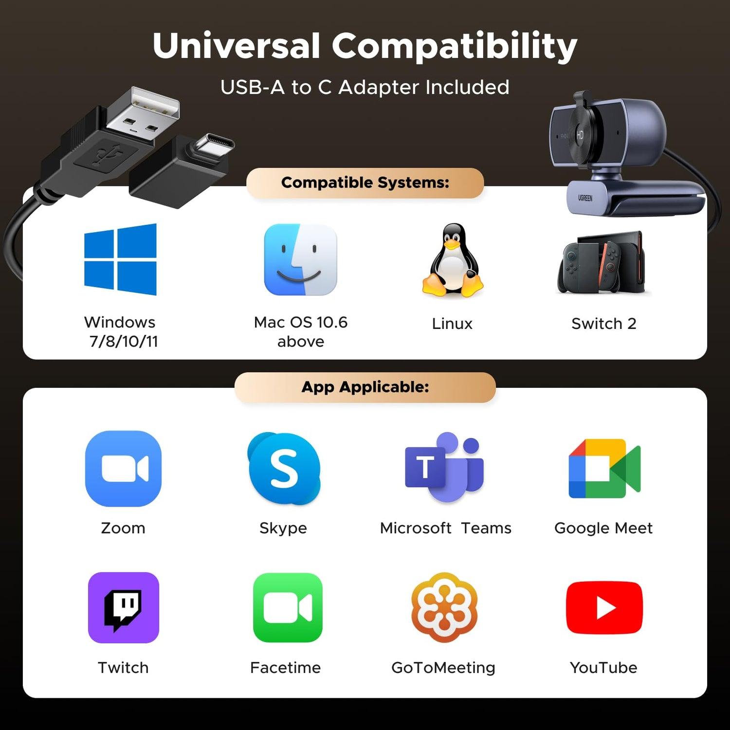 UGREEN CM831 USB 4K Ultra HD Web Camera with Microphone, Privacy Cover,Autofocus, USB A & USB C Adapter, Plug & Play image 3