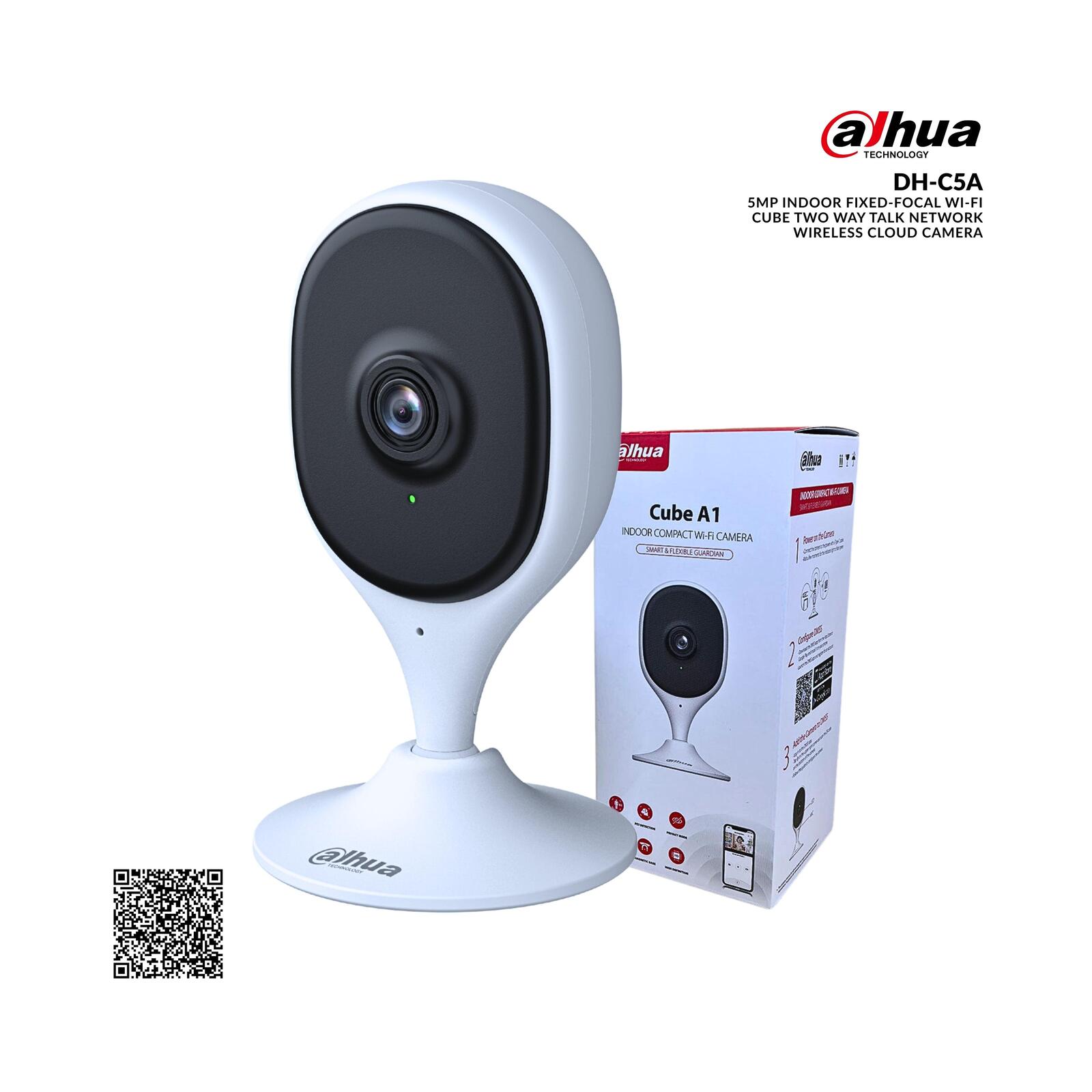 C5A 5MP Indoor Fixed-focal Wi-Fi Cube Network Camera, RJ45 Ethernet & wifi connectivity, FTP;Micro SD card (up to 256 GB); 0° to 360° pan and -10°...