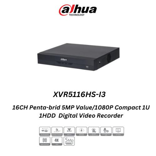 Dahua XVR5116HS Penta-brid 5MP 16 Channel BNC inputs (Analog cameras),24 IP camera channels (max 6MP each),1 SATA HDD slot(Supports up to 16TB hard...
