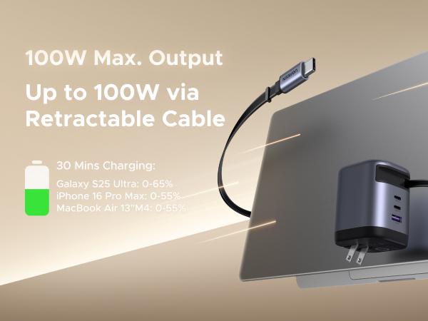 UGREEN X616 100W GaN Fast Charger UK with 1 × USB‑C with built‑in retractable cable/2*USB C & 1* USB A