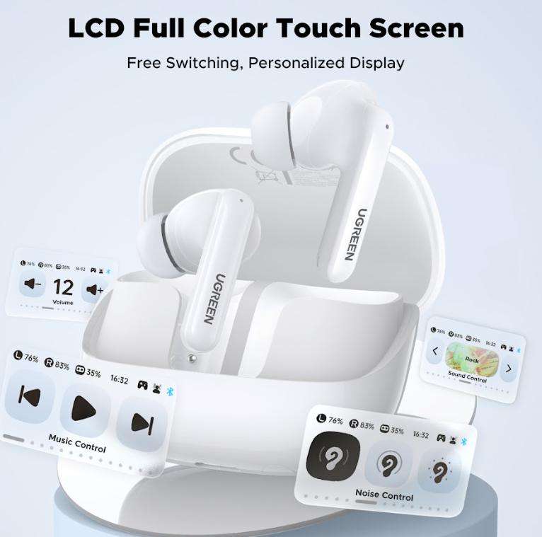 UGREEN WS211 EchoBuds Magic with Active Noise Cancelling Earbuds with Smart Touchscreen -White