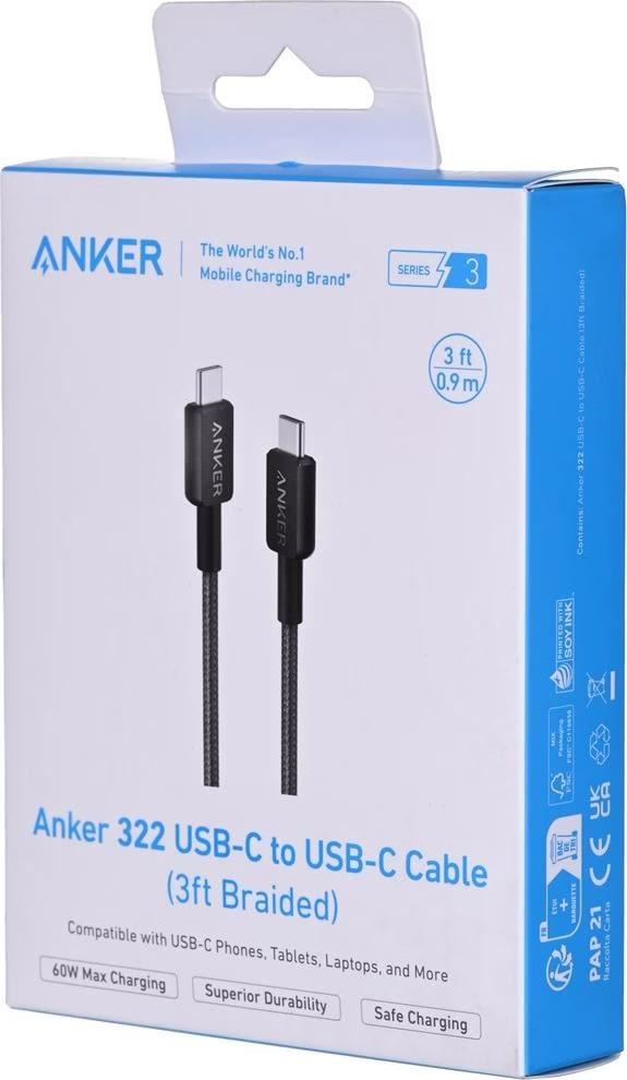 ANKER 322 USB-C TO USB-C CABLE (3FT, 60W, BRAIDED) BLACK