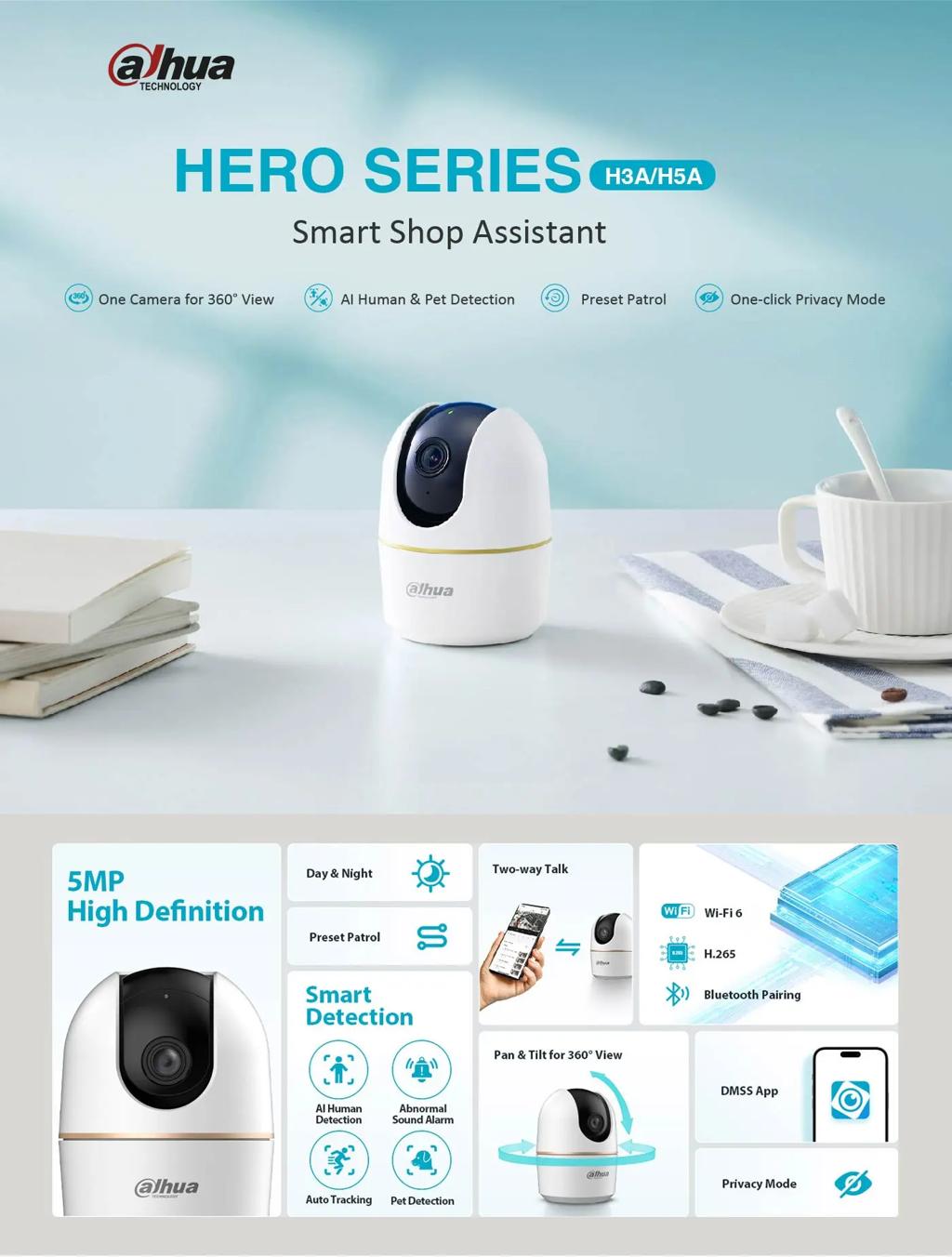 H5A 5MPIndoor Fixed-focal Wi-Fi Pan & Tilt Network, RJ45 Ethernet & wifi connectivity, Micro SD card (up to 256 GB) built in mic, built in speakers...